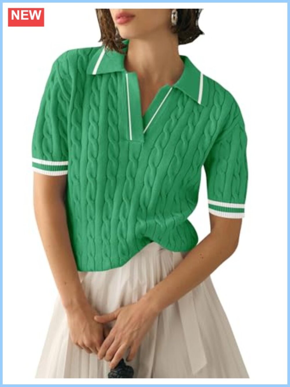 Women's Short Sleeve Cable Knit Sweater V Neck Polo Pullover